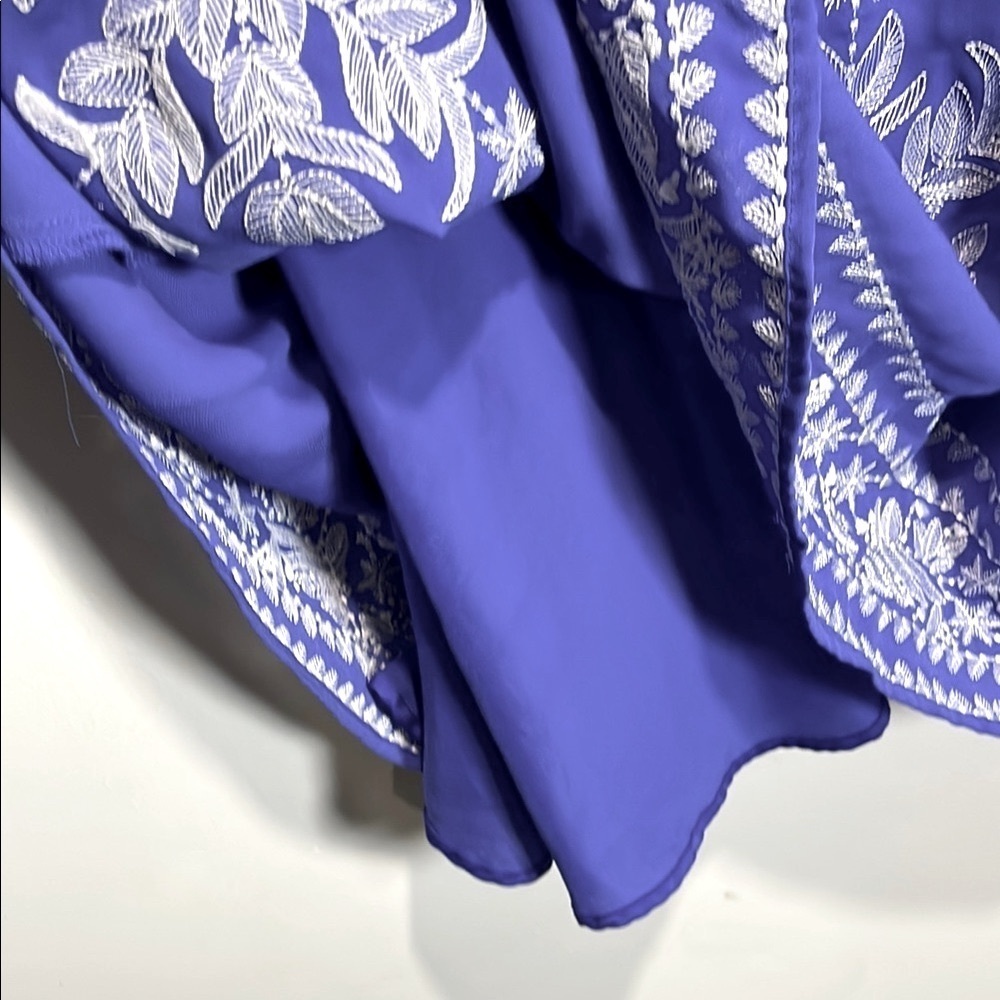 Bebe Blue Embroidered Mini Dress Boho Bib Collar Tie Front Size 8 - Picture 7 of 12